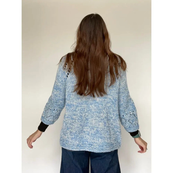 Blue and White Hand Knit Cardigan - Size Large - Picture 6 of 10